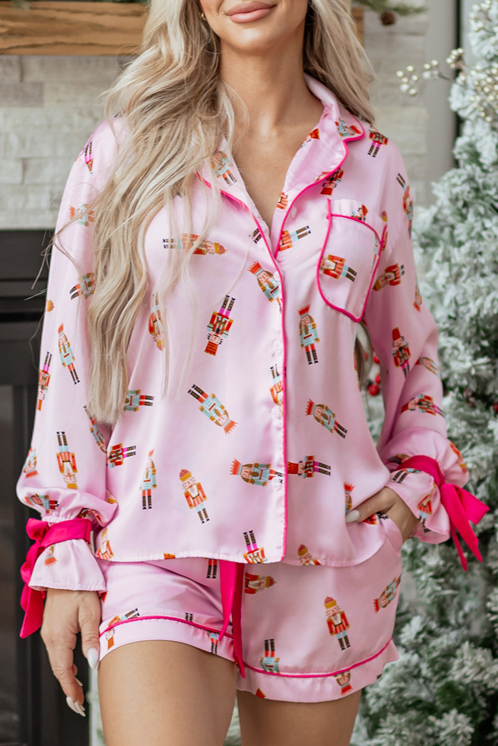 Pink Nutcracker Print Two Piece Pajama Set Contrast Trim Bow Dear-Lover Dropshipping